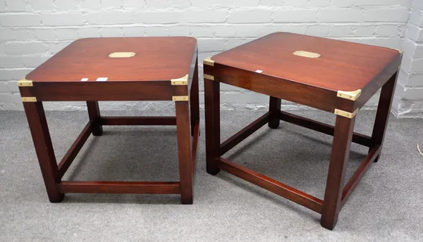 A pair of campaign style brass mounted mahogany square occasional tables on block supports, 56cm wide x 51cm high.