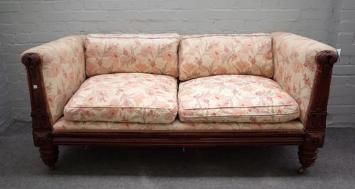 William IV mahogany square back two seat settee with show carved frame on squat lappet carved supports, 165cm wide x 73cm high x 75cm deep.