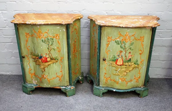 A pair of 18th century and later polychrome painted bedside tables, of serpentine outline, each with faux marble top over single door on bracket feet,
