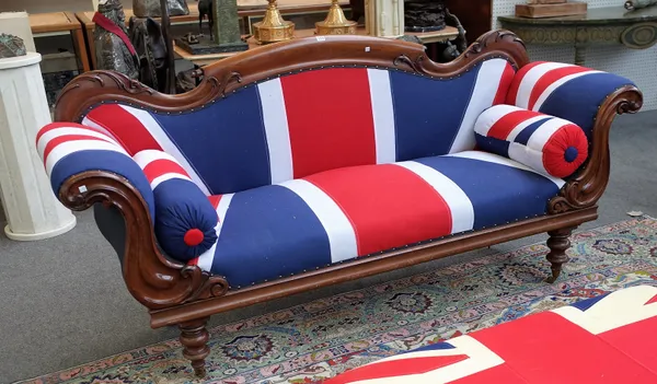A George IV mahogany framed rollover end sofa, with later Union Jack upholstery, 223cm wide x 104cm high.