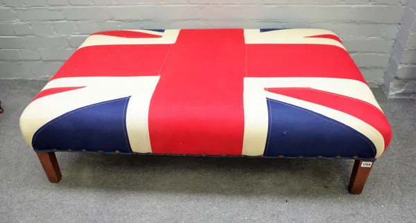 A 20th century rectangular footstool with Union Jack upholstery on beech supports, 123cm wide x 78cm deep x 35cm high.