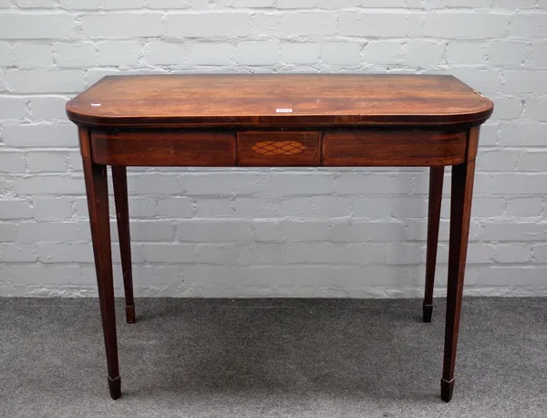 A George III rosewood card table, the D-shaped top above inlaid frieze, on tapering square supports, 93cm wide x 73cm high x 45cm deep.