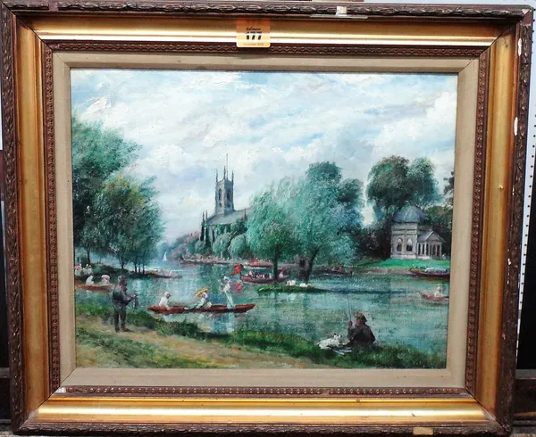 English School (19th century), Figures punting on a river, oil on canvas, 29cm x 36cm.   G1