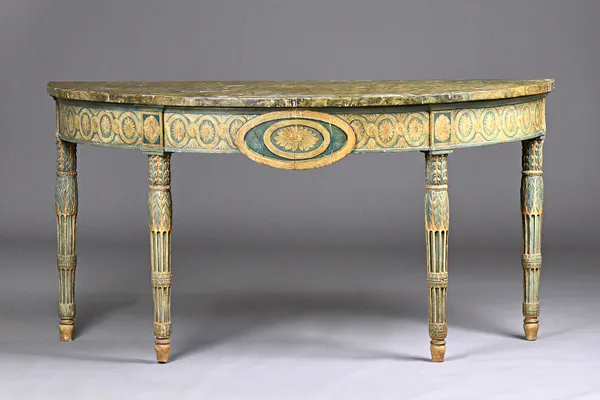 A late 18th century polychrome painted demi-lune console table, possibly Italian, with faux marble top and four tapering fluted supports, 158cm wide x