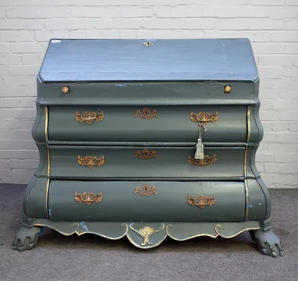 An 18th century later painted Dutch oak bureau, the fall enclosing a fitted welled interior over a bombe three drawer base, on claw and ball feet, 140