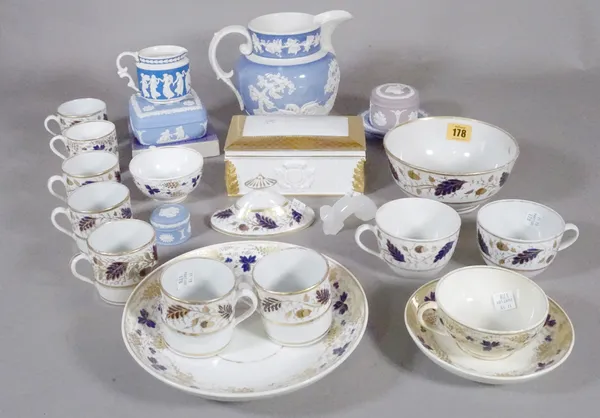 Ceramics, including; a gilt decorated 19th century part coffee set and a small group of Wedgwood Jasperware, (qty).    S2T