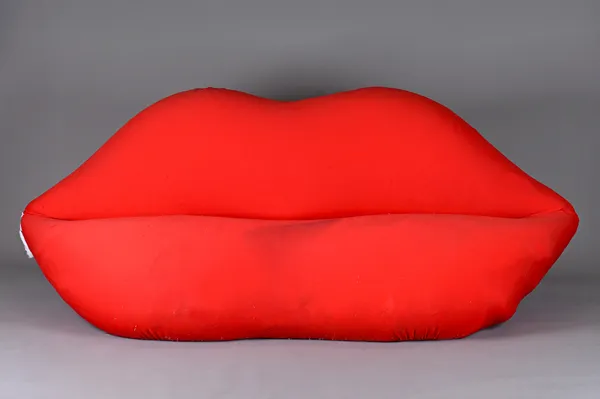 After the design, a Studio 65 Marilyn Bocca lip sofa, 1972 design for Gufram, 215cm wde x 90cm high. Illustrated.