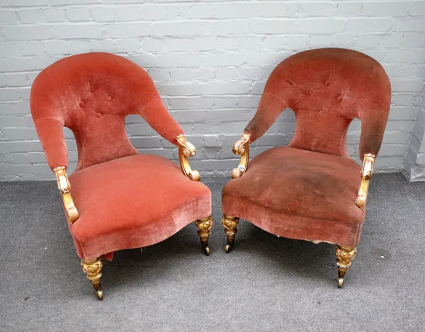 A pair of mid-Victorian gilt framed tub back open armchairs with serpentine seat on turned supports, 60cm wide x 78cm high.