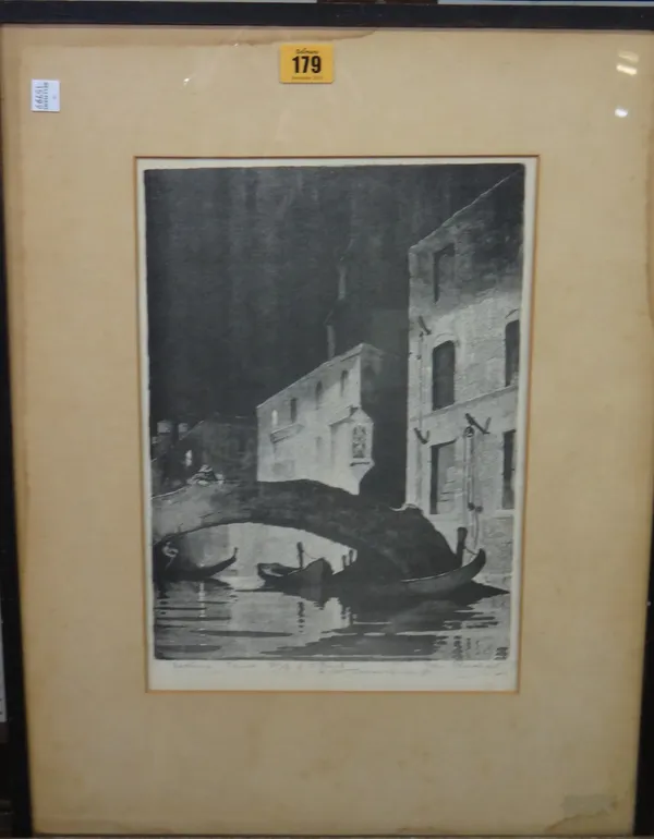 John Roy Eldershaw (1892-1973), The Barn; Under Tower Bridge; Down Wapping Way; Nocturne, Venice, a group of four lithographs, all signed and inscribe