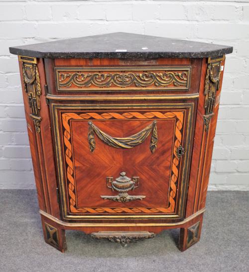 A Napoleon III ormolu mounted marquetry inlaid kingwood encoignure/corner cupboard, the marble top over single door on bracket feet, 72cm wide x 87cm