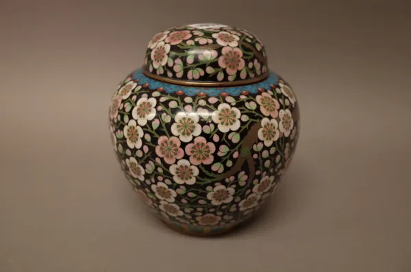 A Chinese cloisonné oviform jar and cover, circa 1900, worked with branches of flowering prunus against a black  ground beneath a blue ruyi-head borde