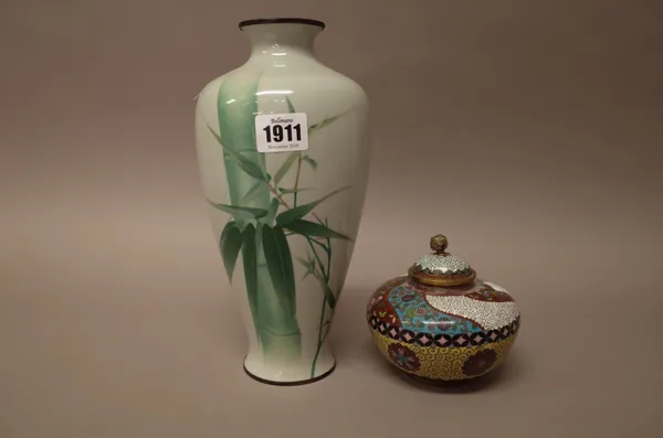 A Japanese wireless cloisonné vase by Kumeno Teitaro (1865-1939), decorated with bamboo against a pale grey ground, stamped mark, 25cm. high; and a Ja