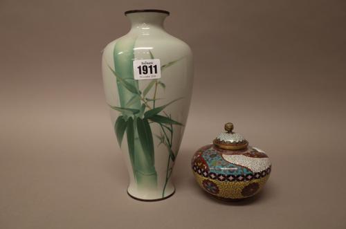 A Japanese wireless cloisonné vase by Kumeno Teitaro (1865-1939), decorated with bamboo against a pale grey ground, stamped mark, 25cm. high; and a Ja