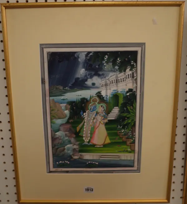 An Indian painting of Krishna and his consort, late 19th/20th century, gouache on card, 33cm. by 23cm., mounted and framed; and an Indian gouache pain
