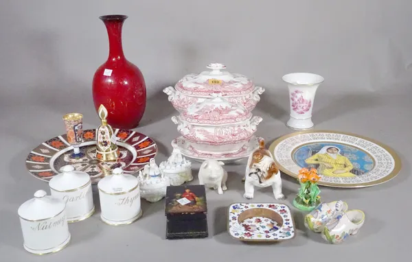 Ceramics, including; a 19th century and later decorative ceramic cabinet plates, red and white transfer printed tureens, a Belleek pig, a Noritake vas