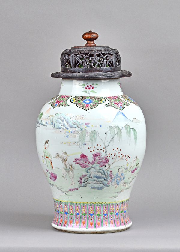 A large Chinese famille-rose broad baluster vase, Yongzheng, delicately painted with an extensive river landscape depicting figures at leisure with mo
