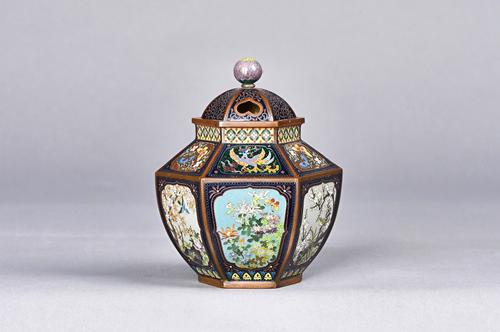 A Japanese cloisonné koro , Ando Jubei studio, Meiji period, of hexagonal form, each side worked with birds and insects amongst flowering branches aga