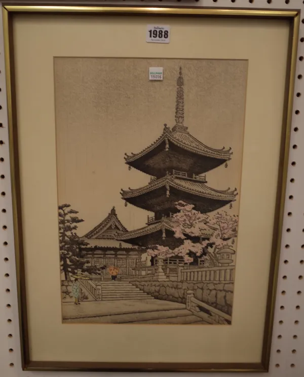 A group of five Japanese prints, 20th century, comprising; a print of a cart of flowers; three prints after Hokusai and a print of a temple, all mount