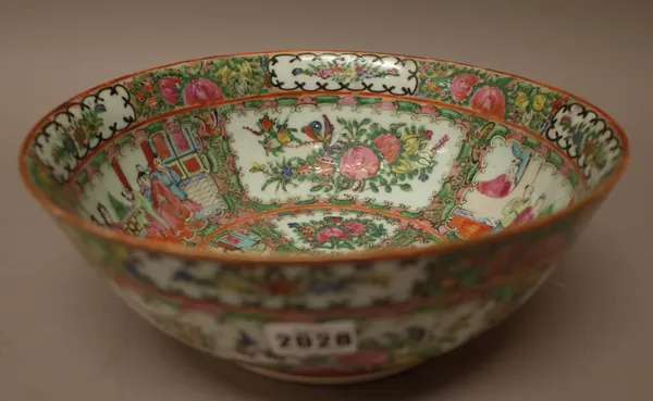 A Canton famille-rose bowl, early 20th century, painted with figurative panels alternating with panel of birds in flowering branches, printed mark Mad