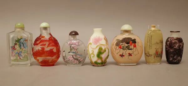 A group of twelve Chinese glass snuff bottles, 20th century, of various forms, comprising; seven inside painted bottles and five overlay glass bottles