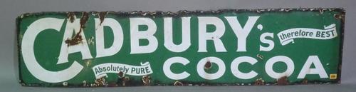 Cadbury's, an early 20th century green enamel advertising sign, 153cm wide x 37cm high, (a.f.).  A6