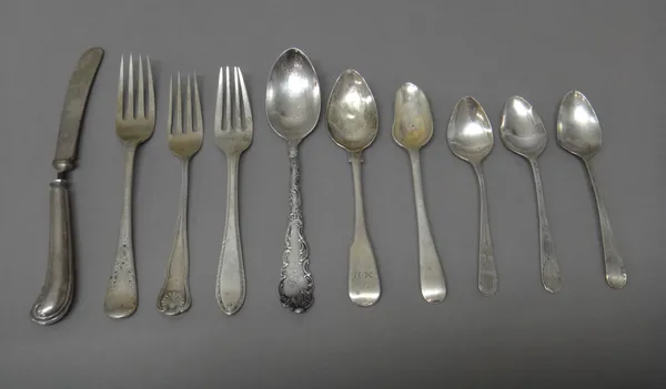 A small group of silver and Sterling flatware, comprising; three George III teaspoons, with bright cut engraved decoration, three further spoons and t