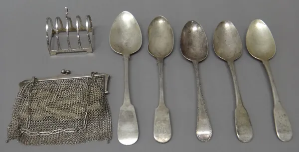 Silver, comprising; a pair of fiddle pattern tablespoons, London 1807, two further fiddle pattern tablespoons, a feather edged Old English pattern tab