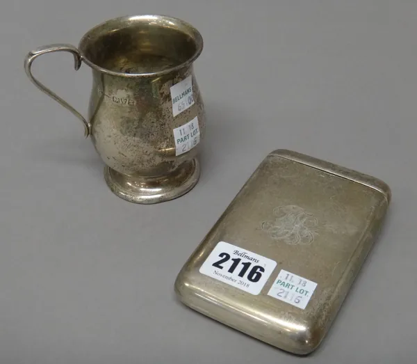 Silver, comprising; a curved rectangular cigar case, by S. Mordan & Co, the front monogram engraved, London 1900 and a baluster shaped christening mug