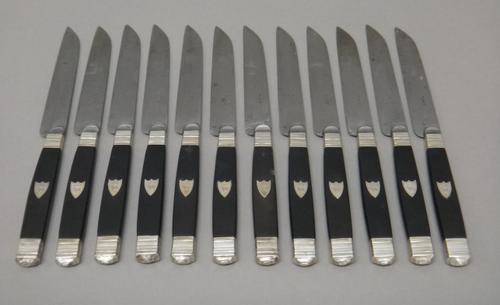 A French set of twelve steel bladed knives, the ebonised handles with applied crested shield motifs, the blades detailed Paris, with a fitted case.