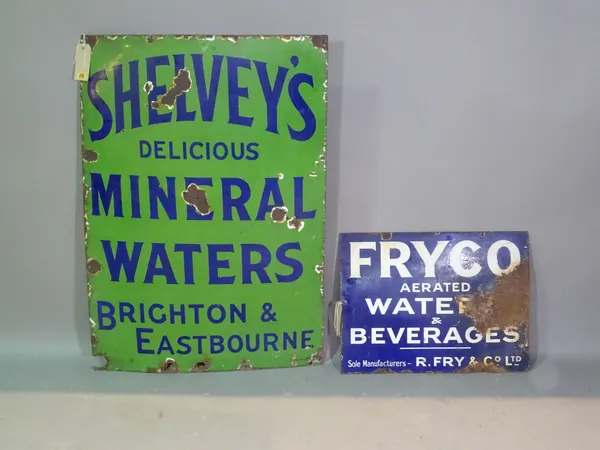 Shelveys, an early 20th century green enamel advertising sign, 76cm wide x 109cm high and a 'Fryco' blue enamel sign, 61cm wide x 42cm high, (a.f), (2