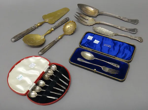 Silver, comprising; a Victorian butter knife, London 1849, a christening spoon and fork, Sheffield 1909, cased and six coffee spoons, five Sheffield 1