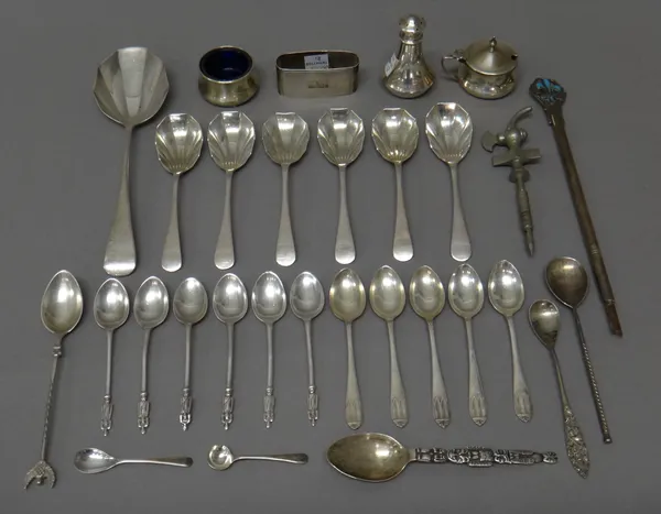 Silver, comprising; a set of six fruit spoons, Birmingham 1934, a similar fruit serving spoon, Birmingham 1929, a set of six teaspoons, the handles wi