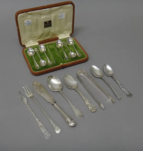 Six silver coffee spoons and a pair of sugar tongs, one spoon Sheffield  1911, the remaining pieces Sheffield 1910, with a case, further silver, compr