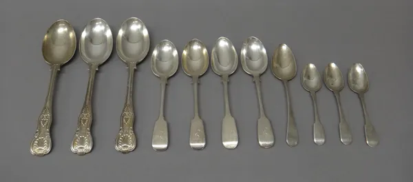 A group of silver spoons, comprising; three Victorian King's pattern tablespoons, London 1893, four fiddle pattern dessert spoons, various dates, thre