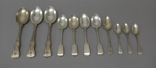 A group of silver spoons, comprising; three Victorian King's pattern tablespoons, London 1893, four fiddle pattern dessert spoons, various dates, thre