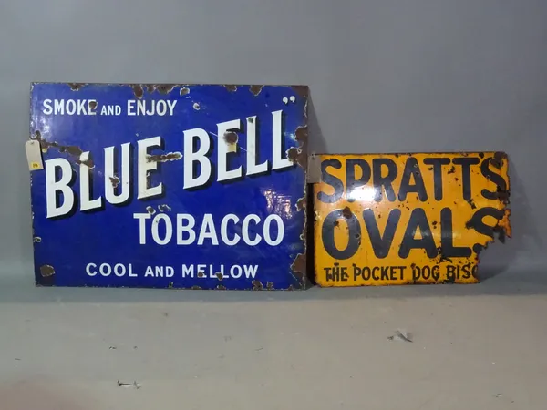 'Bluebell Tobacco', an early 20th century blue enamel sign, 103cm wide x 76cm high, and a 'Spratts Ovals', orange enamel advertising sign, 76cm wide x