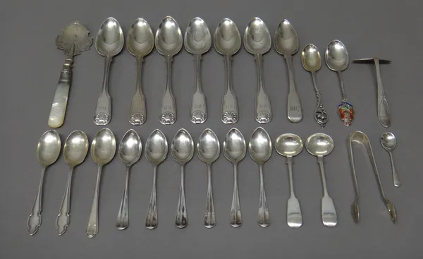 Silver flatware, comprising; a set of six single struck fiddle, thread and shell pattern teaspoons, probably London 1818, a set of six coffee spoons,