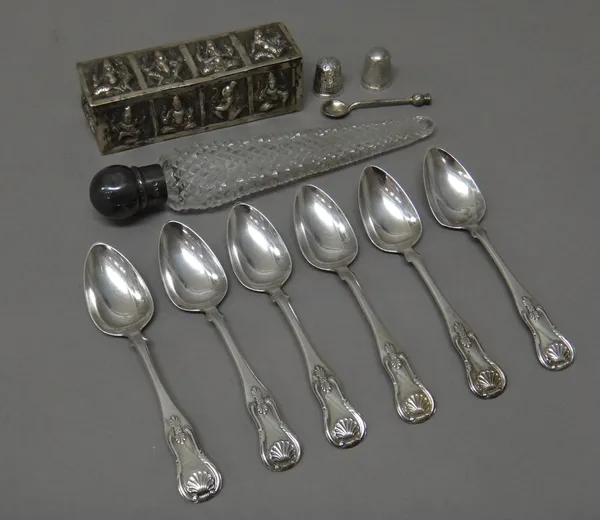 A set of six Scottish silver single struck teaspoons, Glasgow 1823, a Victorian silver mounted tapering faceted glass scent bottle, London 1891, two s