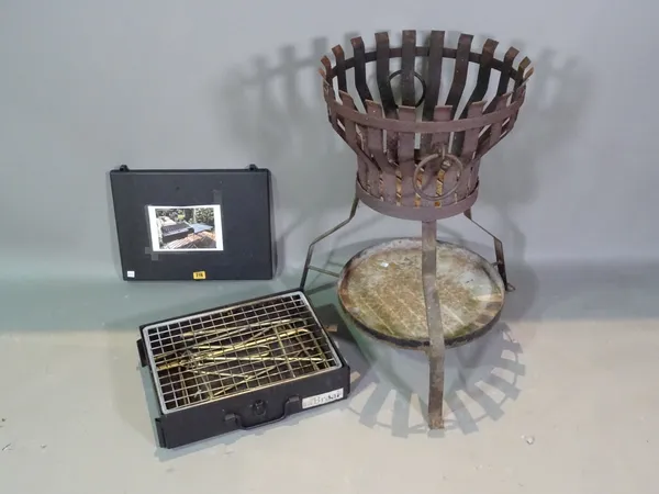 A 20th century garden brazier and a barbecue in a folding case, (2).    OUT