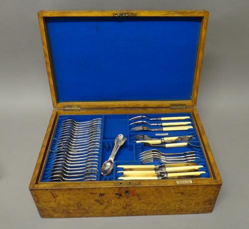 A plated double struck fiddle and thread pattern part table service, comprising; twenty-eight tablespoons, seventeen dessert spoons, twenty-eight tabl