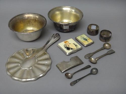 Silver and silver mounted wares, comprising; a curved rectangular visiting card case, Chester 1904, a hand mirror, Birmingham 1912, a pair of fiddle a