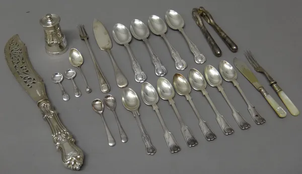 Silver and silver mounted wares, comprising; a peppermill, Birmingham 1919, a fish serving knife, with a loaded handle, Sheffield 1849, a butter knife