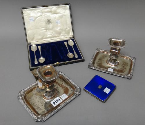 A lady's silver and blue enamelled rectangular cigarette case, the front applied with a Navy crown motif, Birmingham 1929, four silver teaspoons, Lond