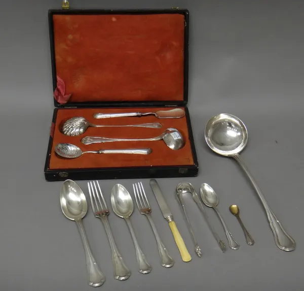 A French part canteen of table flatware, comprising; twelve table forks, twelve tablespoons, twelve dessert forks, twelve dessert spoons, ten teaspoon