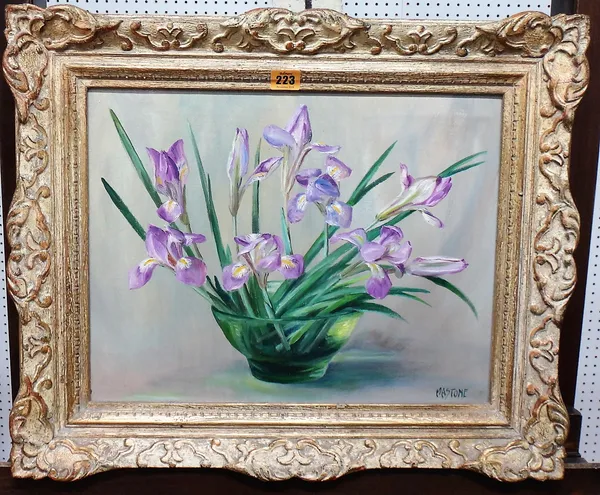 M** A** Stone (20th century), Still life of Irises, oil on canvas, signed, 34cm x 44cm.  F1