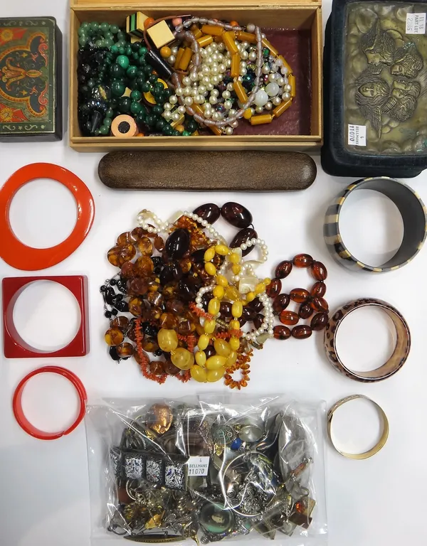 A group of costume jewellery, including; a malachite bead necklace, further bead and other necklaces, a branch coral necklace, an amethyst, cultured p