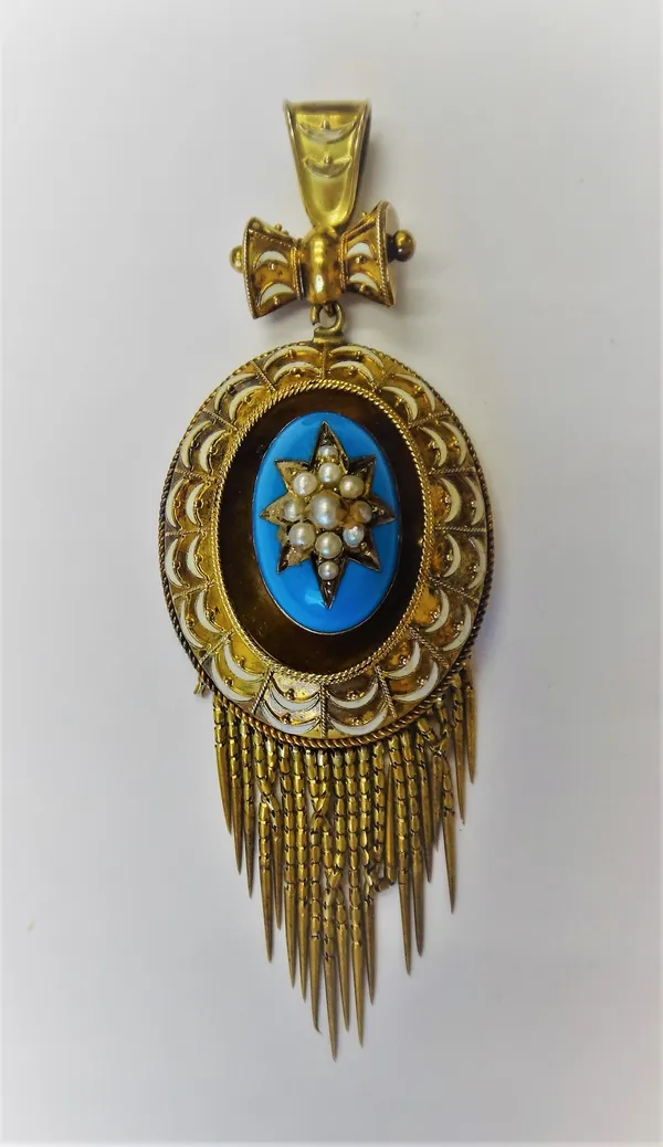 A Victorian gold, seed pearl set and enamelled oval pendant locket, the front with a seed pearl set starburst, on a pale blue enamelled ground, within