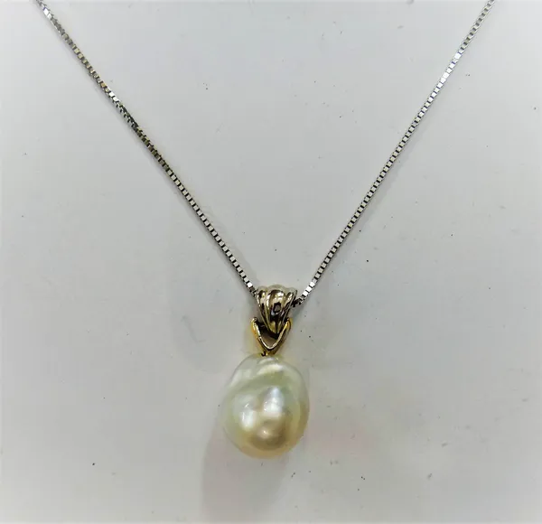 A cultured pearl pendant, the single baroque cultured pearl fitted to a gold box link neckchain, detailed 750, on a boltring clasp, with a guarantee a