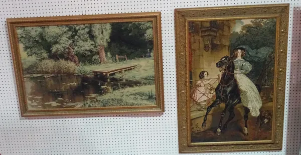 Two modern wall tapestries depicting a lady on a horse and a lake scene in gilt frames, the larger 104cm x 79cm (2).   F1