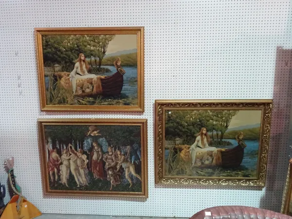 Three modern wall tapestries depicting classical scenes in gilt frames, the largest 120cm x 82cm (3).    F1